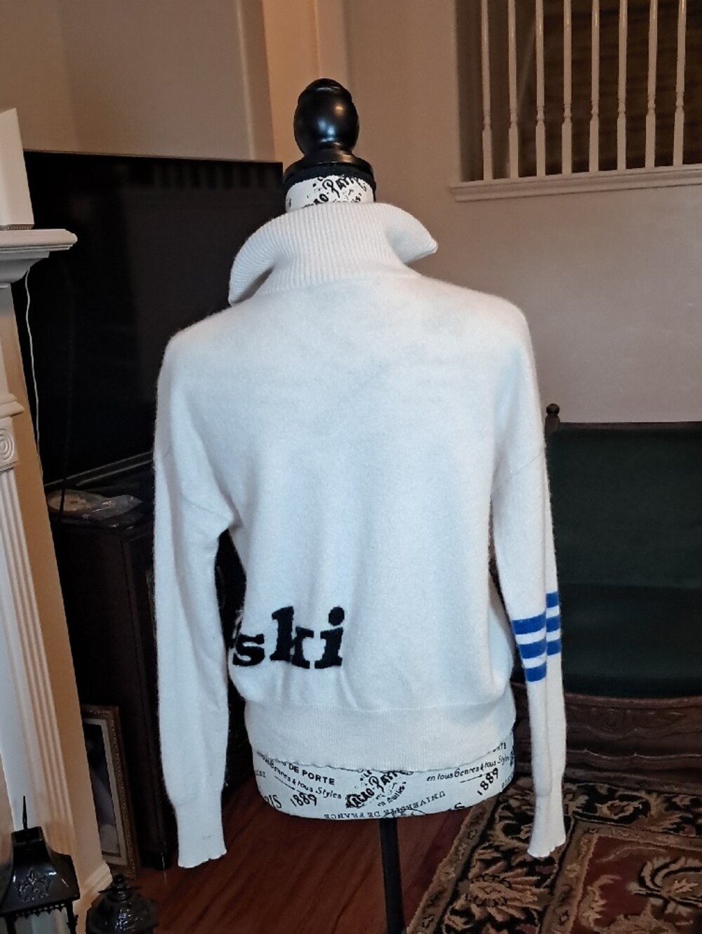 Skull Cashmere "Apres-ski" Cream Half-Zip Sweater with Blue Stripe Accents - Picture 3 of 8
